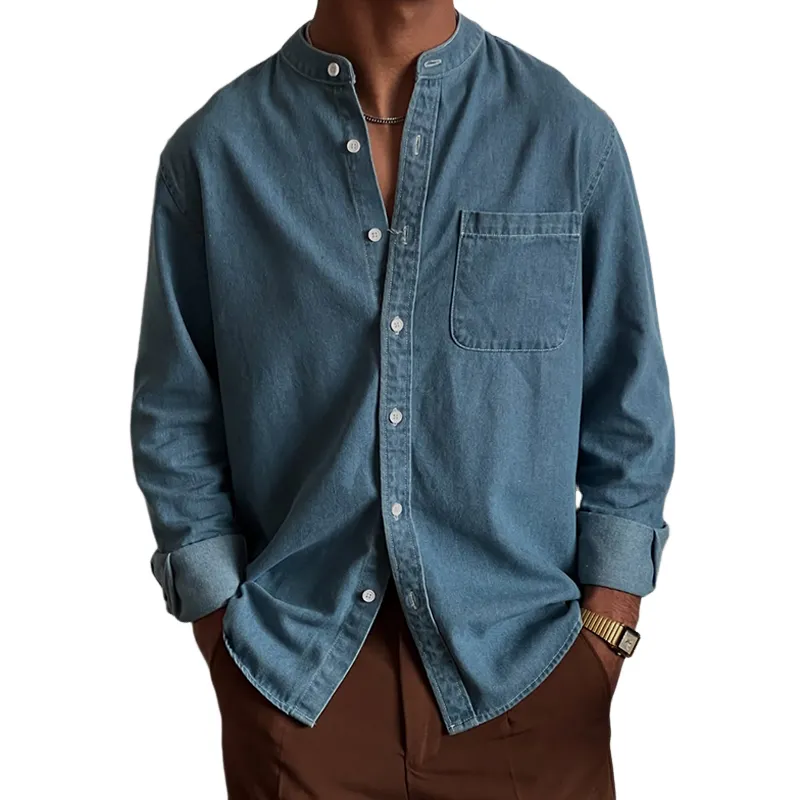 Men's Fashion Cozy Denim Stand Collar Chest Pocket Long Sleeve Shirt MTA2757C2Z sold by Manly