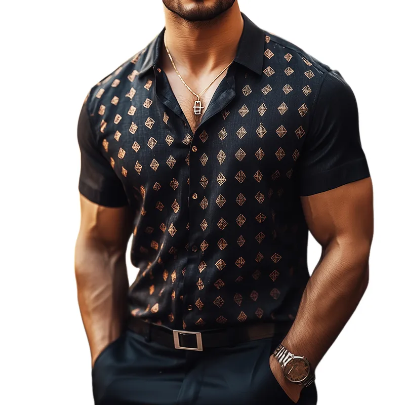Men's Retro Casual Geometric Print Linen Lapel Short Sleeve Shirt MTA3105C9TO sold by Manly