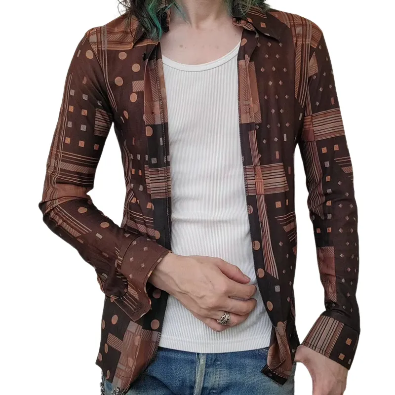 Men's Retro Casual Geometric Print Lapel Long Sleeve Shirt MTA3126C6TO sold by Manly