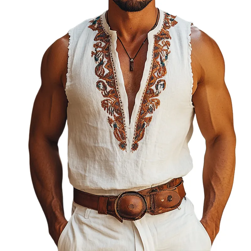 Men's Vintage Casual Perris Embroidered Collarless Sleeveless Shirt MTA3149C9TO sold by Manly
