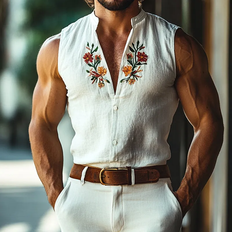 Men's Retro Casual Embroidered Stand Collar Sleeveless Shirt MTA3118C2TO sold by Manly product image thumbnail 2