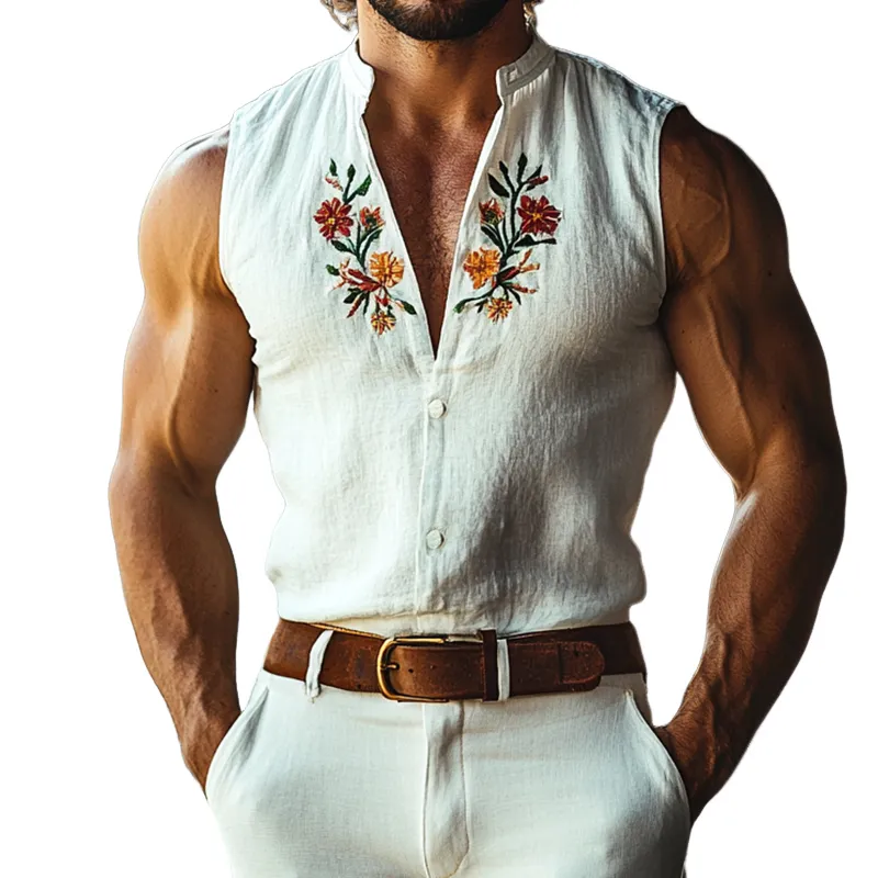 Men's Retro Casual Embroidered Stand Collar Sleeveless Shirt MTA3118C2TO sold by Manly