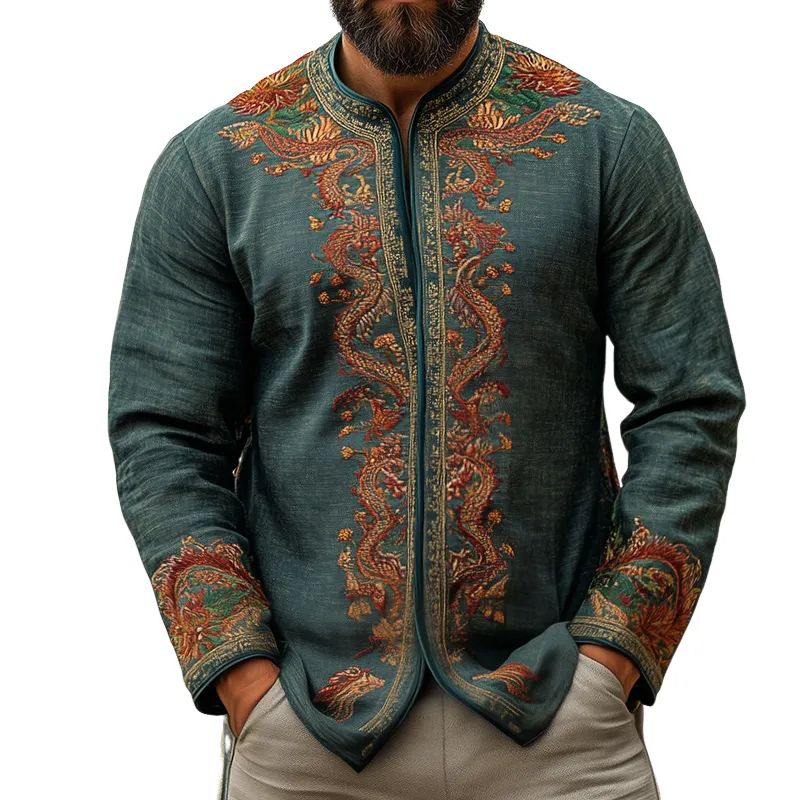 Men's Retro Casual Embroidered Collarless Long Sleeve Shirt Jacket MTA3157C0TO sold by Manly