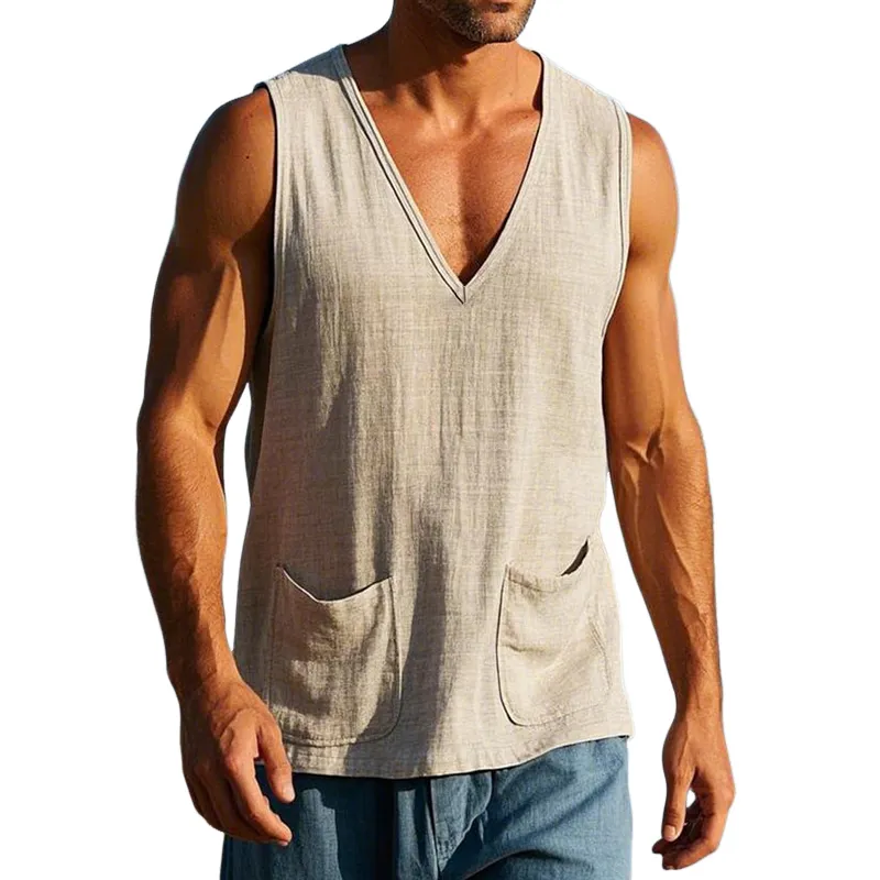 Men's Retro Casual Linen Solid Pocket V-Neck Tank Top MTA3102C6TO sold by Manly