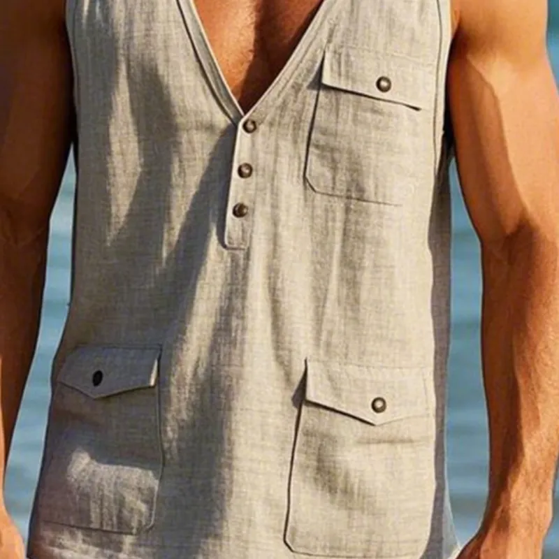 Men's Vintage Linen Multi-Pocket V-Neck Tank Top MTA3187C4TO sold by Manly product image thumbnail 3