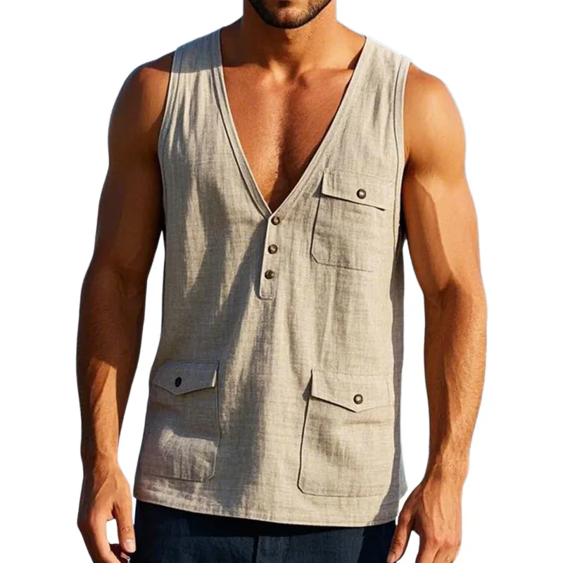 Men's Vintage Linen Multi-Pocket V-Neck Tank Top MTA3187C4TO sold by Manly