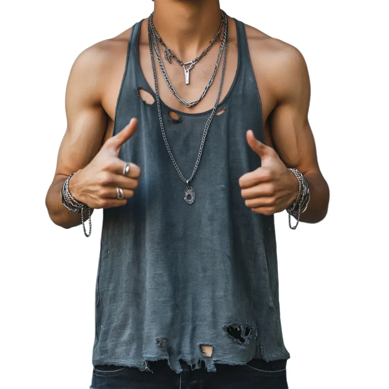 Men's Retro Hole Washed Crewneck Tank Top MTA3153C7TO sold by Manly