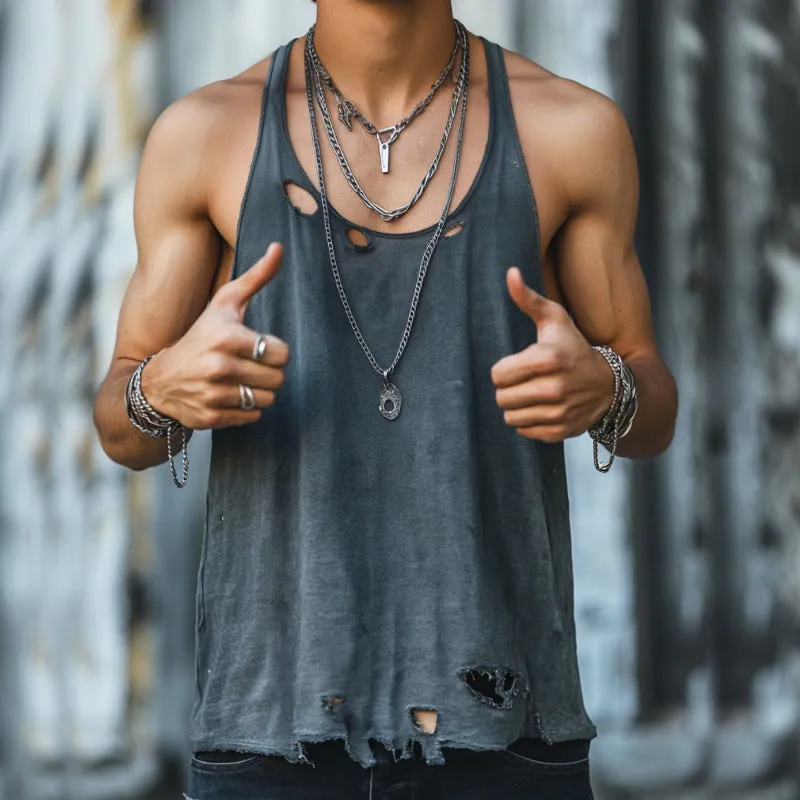 Men's Retro Hole Washed Crewneck Tank Top MTA3153C7TO sold by Manly product image thumbnail 2