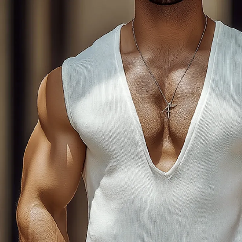 Men's Retro Solid Color Striped Round Neck Tank Top MTA3131C1TO sold by Manly product image thumbnail 3