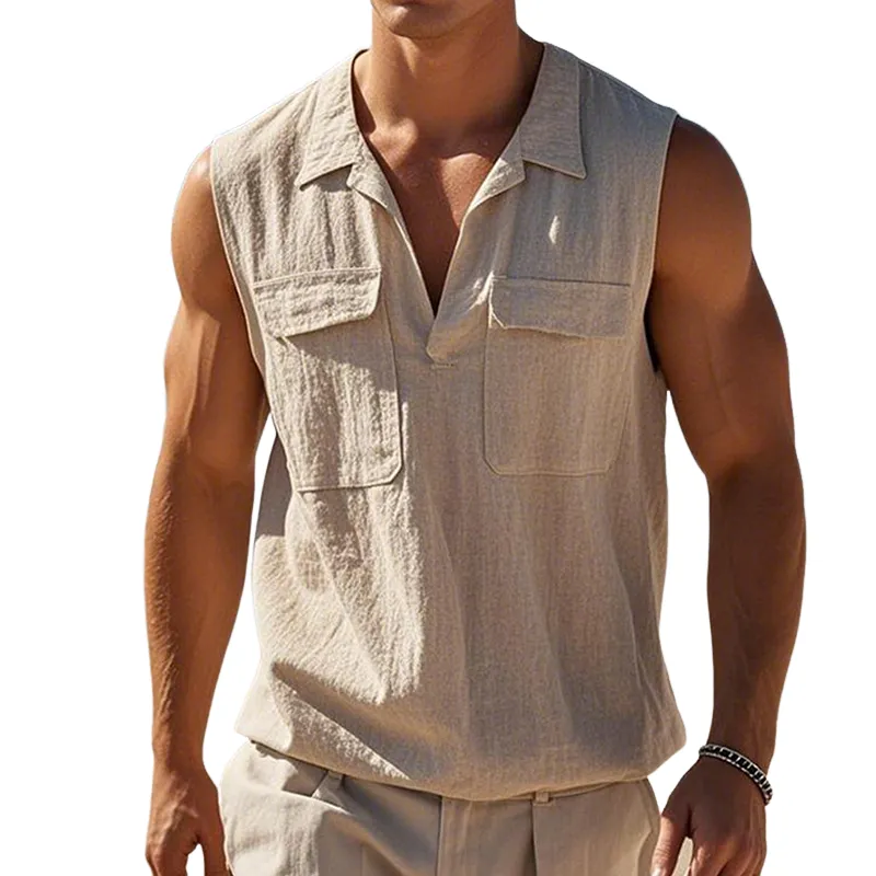 Men's Vintage Solid Color Linen Lapel Pocket Tank Top MTA3139C9TO sold by Manly