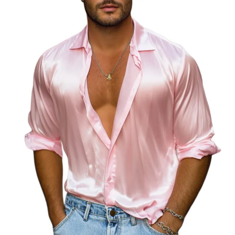 Men's Spring Fashion Casual Satin Glossy Long Sleeve Shirt MTA3147C3K sold by Manly