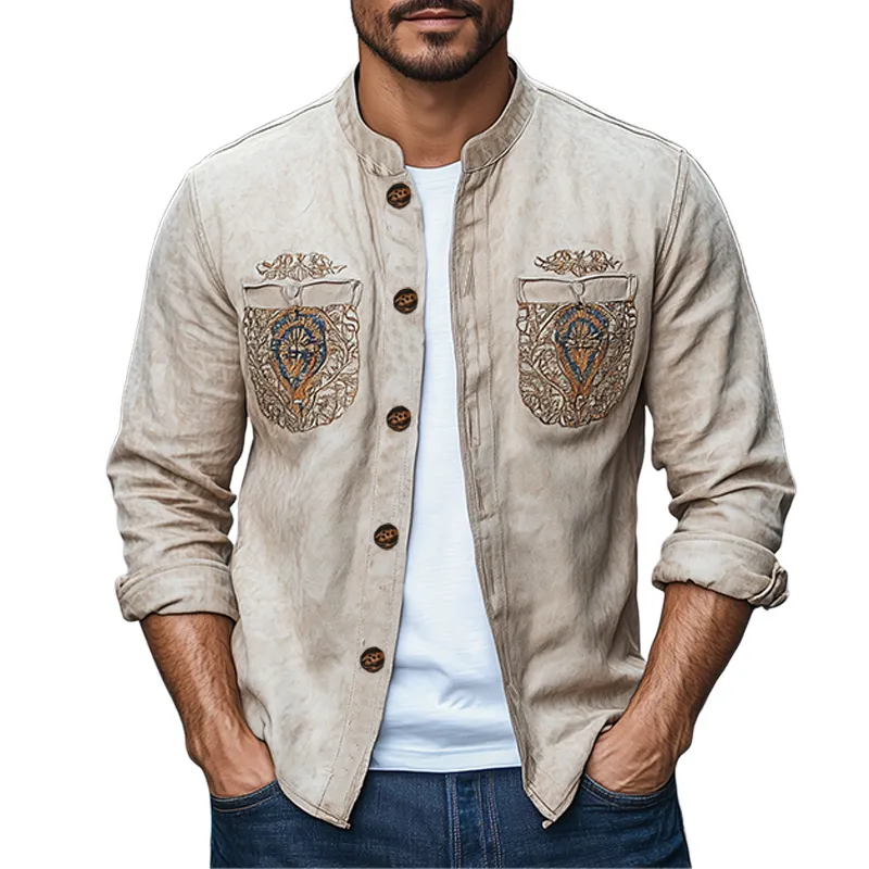 Men's Spring Fashion Retro Western Style Pocket Embroidery Suede Long Sleeve Shirt MTA3117C5K sold by Manly