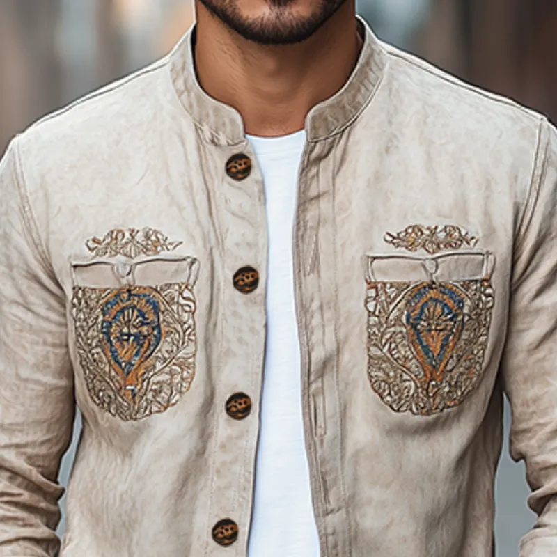 Men's Spring Fashion Retro Western Style Pocket Embroidery Suede Long Sleeve Shirt MTA3117C5K sold by Manly product image thumbnail 4