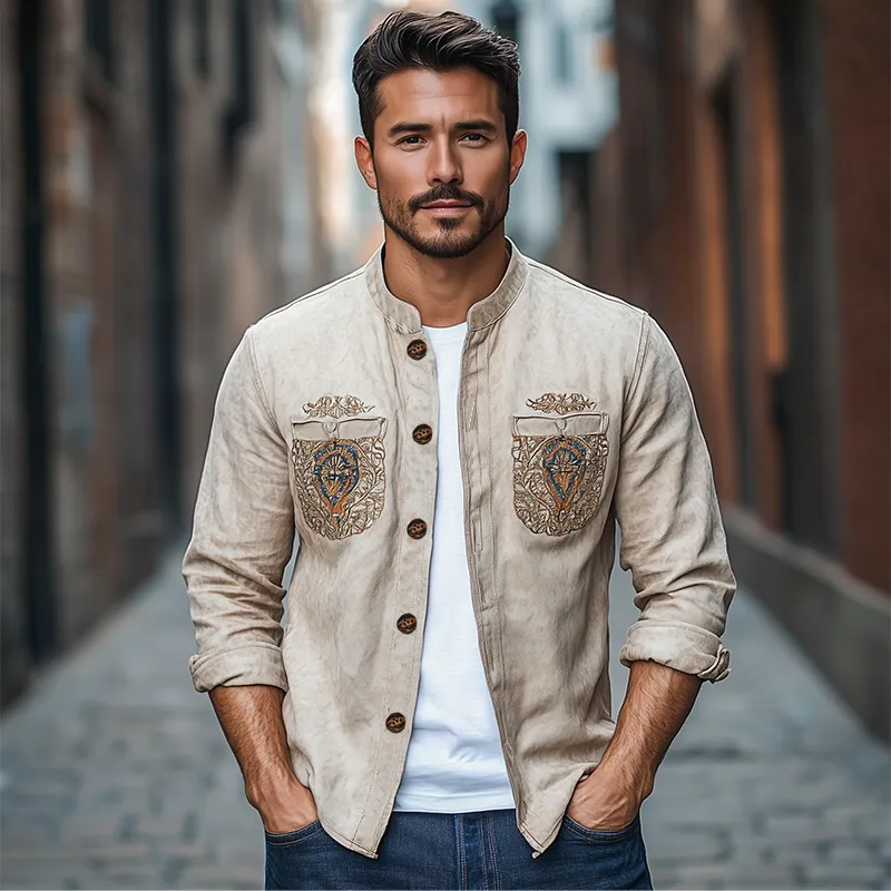 Men's Spring Fashion Retro Western Style Pocket Embroidery Suede Long Sleeve Shirt MTA3117C5K sold by Manly product image thumbnail 3