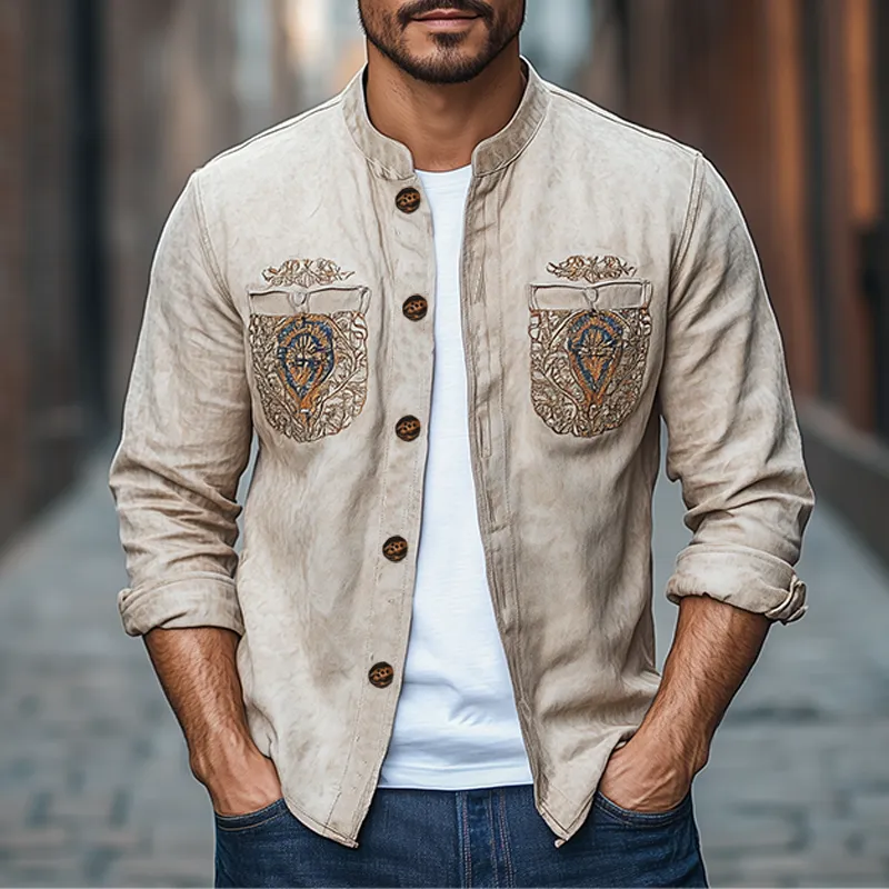 Men's Spring Fashion Retro Western Style Pocket Embroidery Suede Long Sleeve Shirt MTA3117C5K sold by Manly product image thumbnail 2