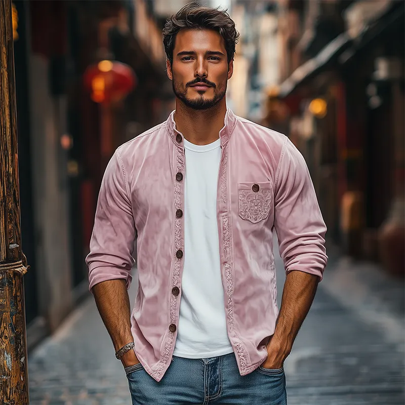 Men's Spring Fashion Casual Stand Collar Embroidered Suede Long Sleeve Shirt MTA3127C8K sold by Manly product image thumbnail 3