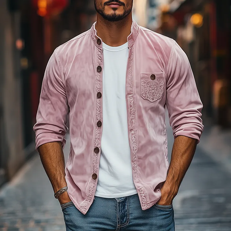 Men's Spring Fashion Casual Stand Collar Embroidered Suede Long Sleeve Shirt MTA3127C8K sold by Manly product image thumbnail 2