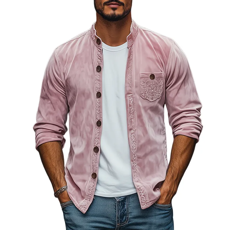 Men's Spring Fashion Casual Stand Collar Embroidered Suede Long Sleeve Shirt MTA3127C8K sold by Manly