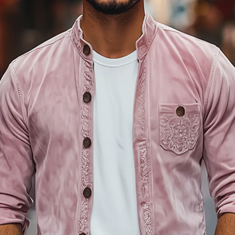 Men's Spring Fashion Casual Stand Collar Embroidered Suede Long Sleeve Shirt MTA3127C8K sold by Manly product image thumbnail 4