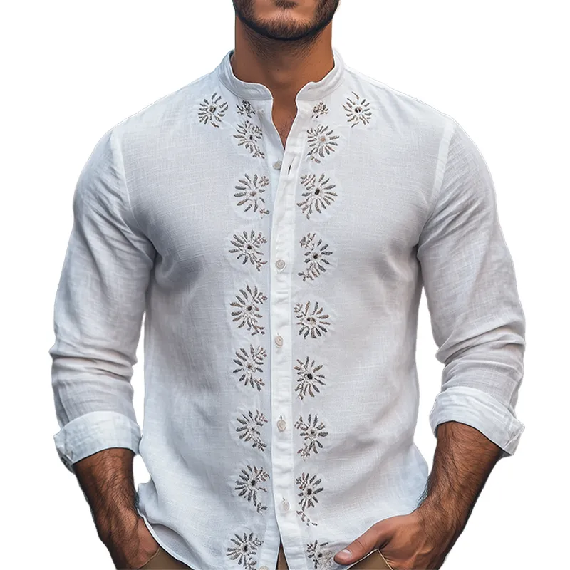 Men's Spring Fashion Retro Stand Collar Embroidered Cotton and Linen Long Sleeve Shirt MTA3135C0K sold by Manly