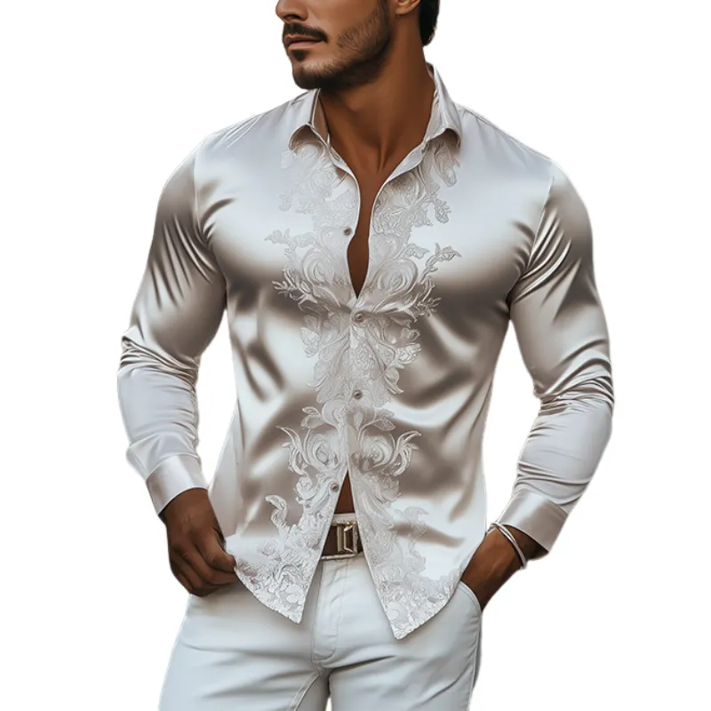 Men's Spring Fashion Classic Retro Satin Embroidery Slim Fit Long Sleeve Shirt MTA3168C9K sold by Manly