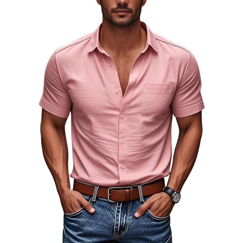 Men's Casual Cotton Lapel Patch Pocket Single Breasted Slim Fit Short Sleeve Shirt MTA3112C1M sold by Manly