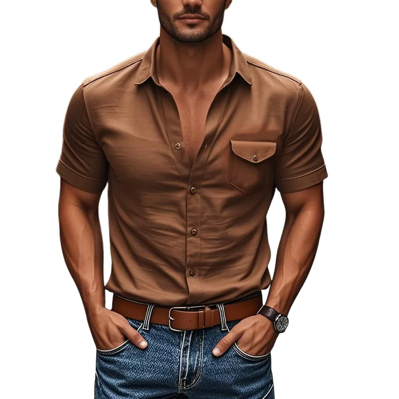Men's Casual Cotton Lapel Chest Pocket Single Breasted Slim Fit Short Sleeve Shirt MTA3118C9M sold by Manly