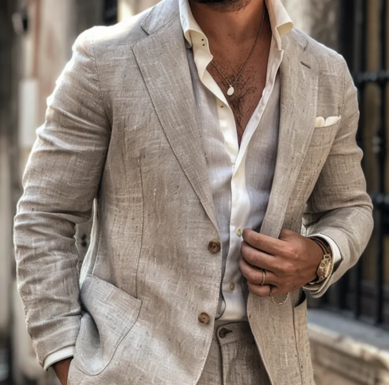 Men's Casual Linen Blended Notched Lapel Single Breasted Slim Fit Blazer MTA3142C8M sold by Manly product image thumbnail 3