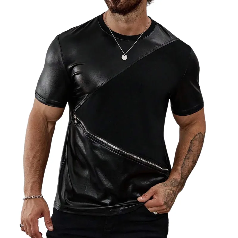 Men's Solid Color Patchwork Zipper Round Neck Short Sleeve T-Shirt MTA3152C4X sold by Manly