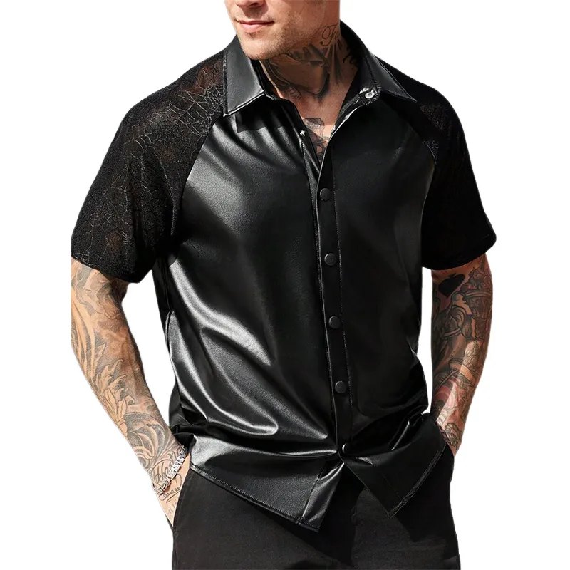 Men's Lace Panel Short Sleeve Leather Shirt MTA3191C8X sold by Manly