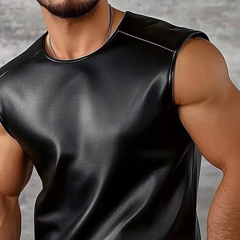 Men's Casual Solid Color Round Neck Leather Tank Tops MTA3128C7X sold by Manly product image thumbnail 3