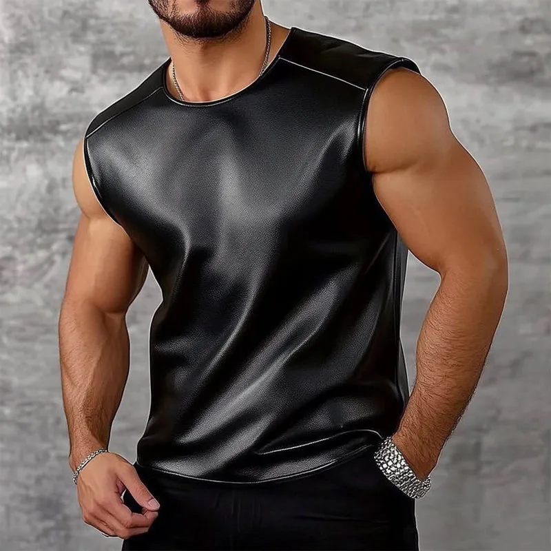 Men's Casual Solid Color Round Neck Leather Tank Tops MTA3128C7X sold by Manly product image thumbnail 2