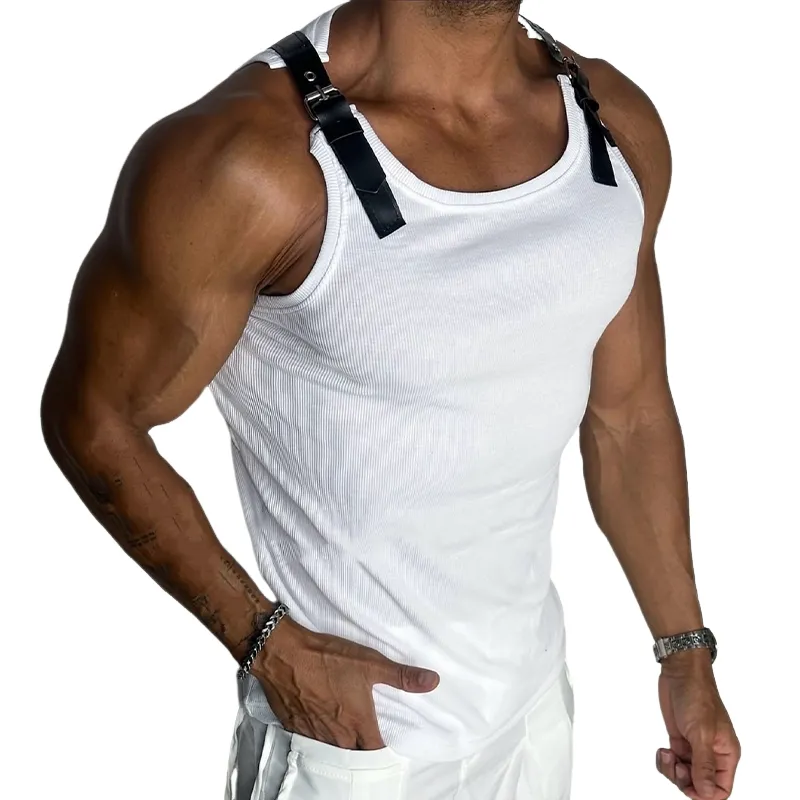 Men's Patchwork Leather Casual Tank Top MTA3157C6X sold by Manly