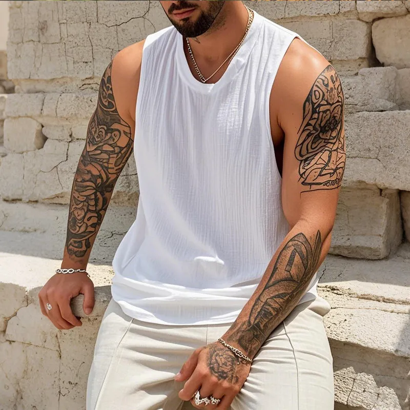 Men's Casual Cotton Linen Pleated Round Neck Loose Tank Top MTA3176C3M sold by Manly product image thumbnail 2