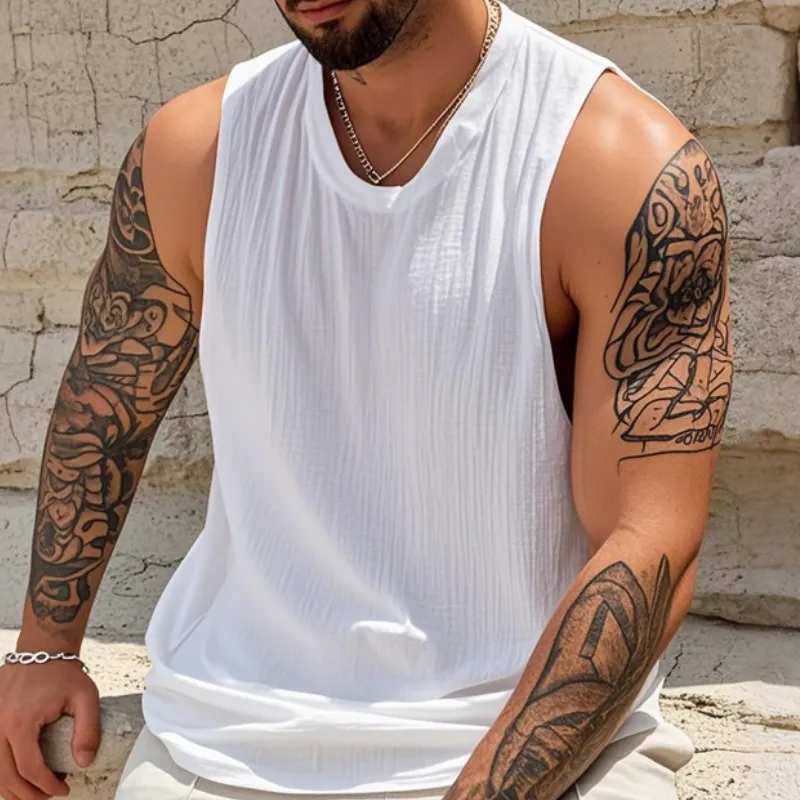 Men's Casual Cotton Linen Pleated Round Neck Loose Tank Top MTA3176C3M sold by Manly product image thumbnail 3