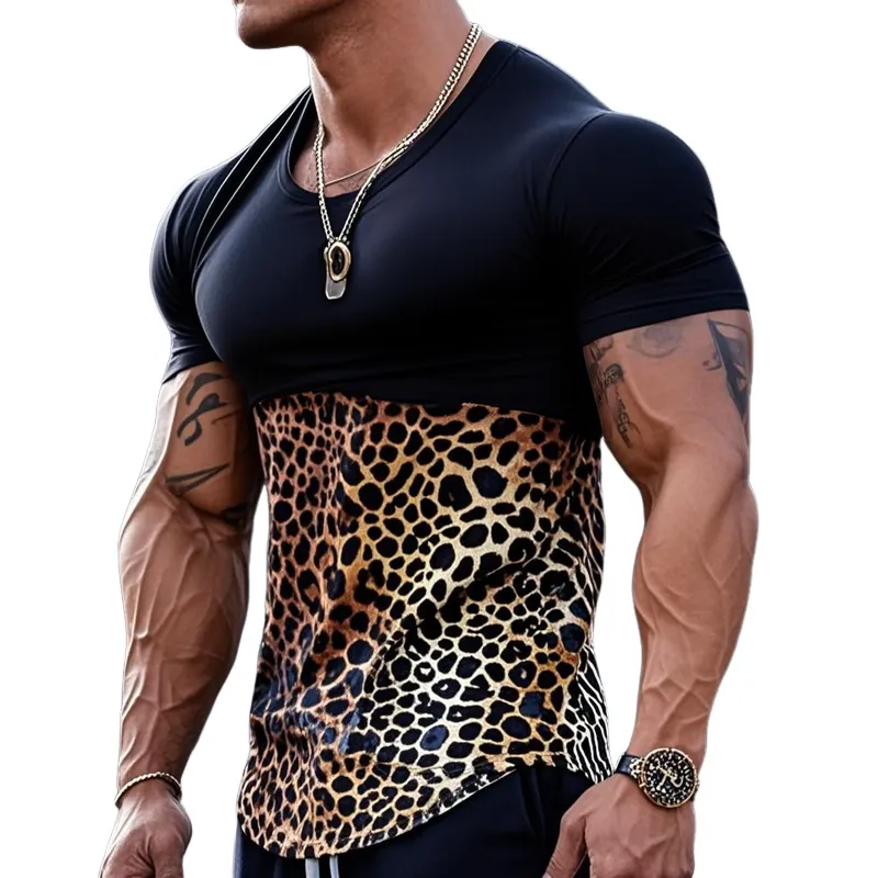 Men's Fashion Leopard Print Contrast Color Patchwork Round Neck Tight Short Sleeve T-shirt MTA3175C6M sold by Manly