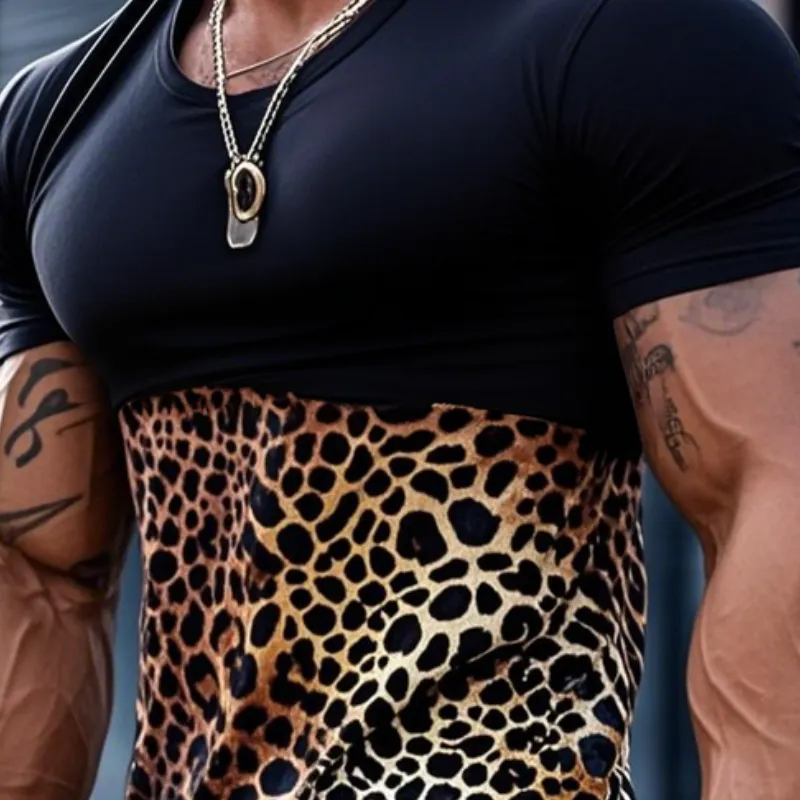 Men's Fashion Leopard Print Contrast Color Patchwork Round Neck Tight Short Sleeve T-shirt MTA3175C6M sold by Manly product image thumbnail 3