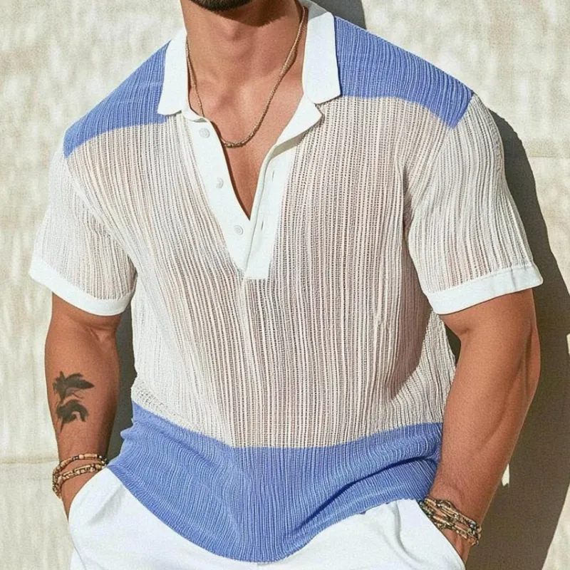 Men's Casual Contrast Lapel Loose Single Knit Short Sleeve Polo Shirt MTA3153C8M sold by Manly product image thumbnail 3