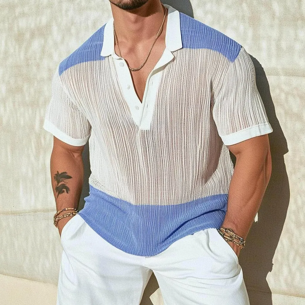 Men's Casual Contrast Lapel Loose Single Knit Short Sleeve Polo Shirt MTA3153C8M sold by Manly product image thumbnail 2