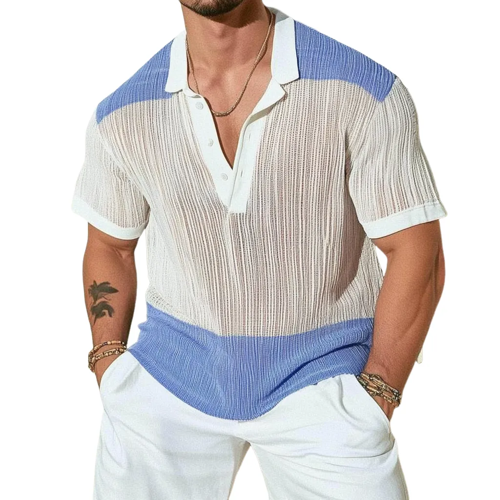Men's Casual Contrast Lapel Loose Single Knit Short Sleeve Polo Shirt MTA3153C8M sold by Manly