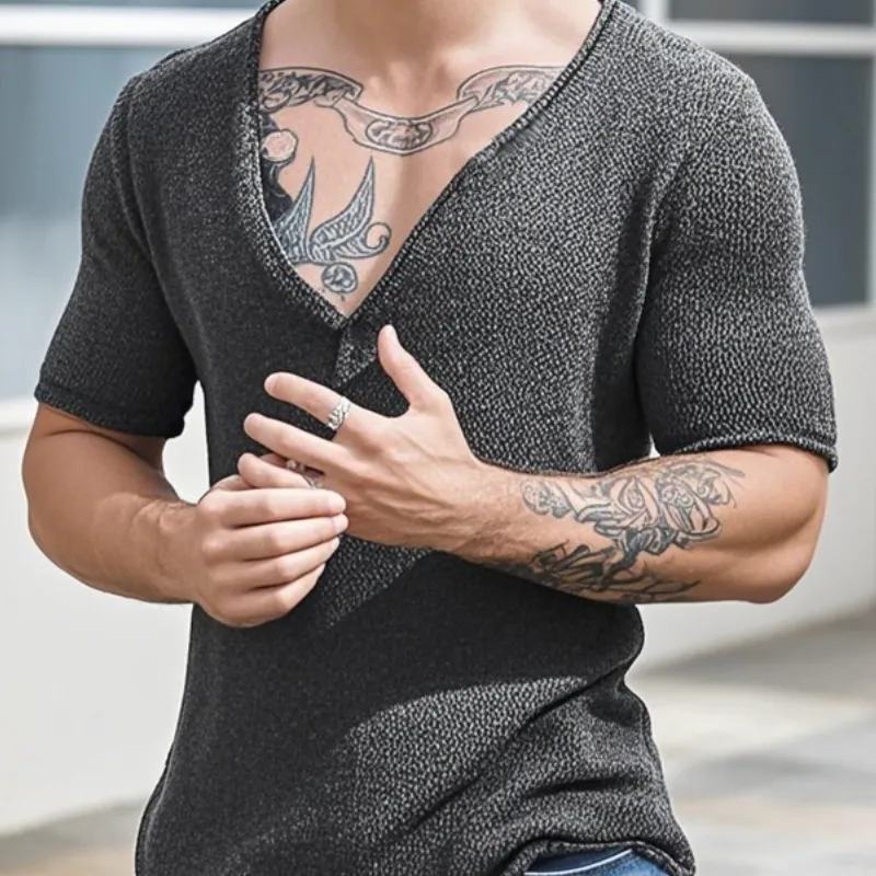 Men's Casual Solid Color V-Neck Slim Short Sleeve Knitted Sweater T-Shirt MTA3138C7M sold by Manly product image thumbnail 3