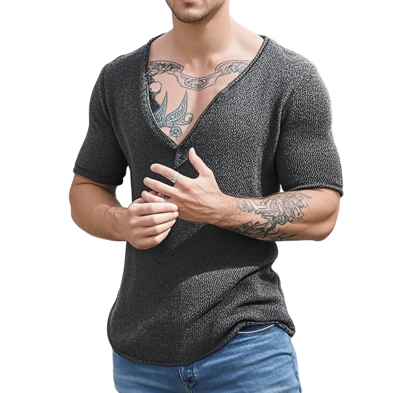 Men's Casual Solid Color V-Neck Slim Short Sleeve Knitted Sweater T-Shirt MTA3138C7M sold by Manly