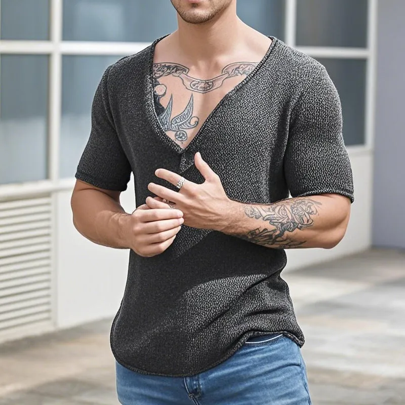 Men's Casual Solid Color V-Neck Slim Short Sleeve Knitted Sweater T-Shirt MTA3138C7M sold by Manly product image thumbnail 2