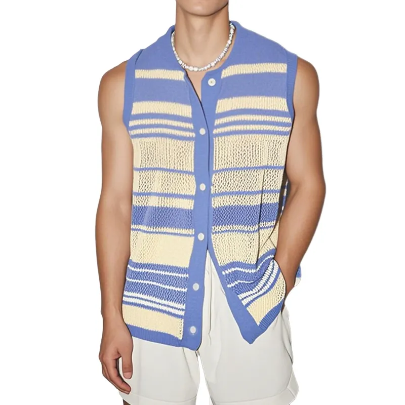 Men's Casual Contrast Color Striped Round Neck Single Breasted Knitted Sleeveless Shirt MTA3182C0M sold by Manly