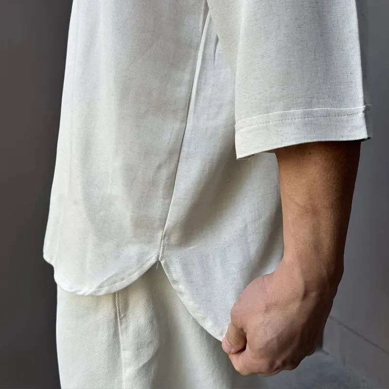 Men's Solid Cotton And Linen V Neck Short Sleeve Shirt MTA3175C1Z sold by Manly product image thumbnail 4