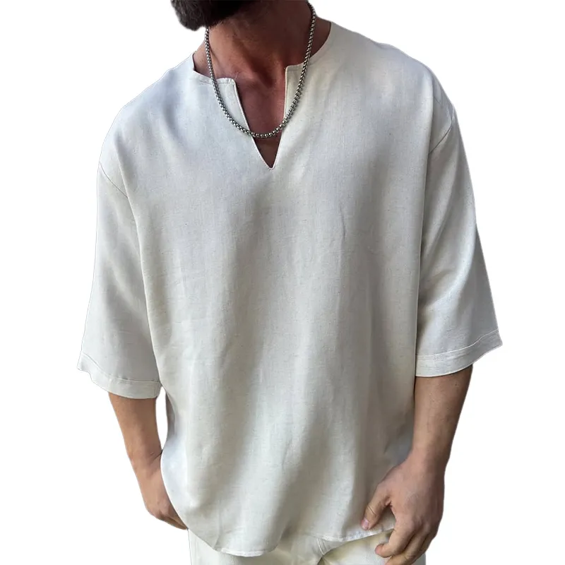 Men's Solid Cotton And Linen V Neck Short Sleeve Shirt MTA3175C1Z sold by Manly