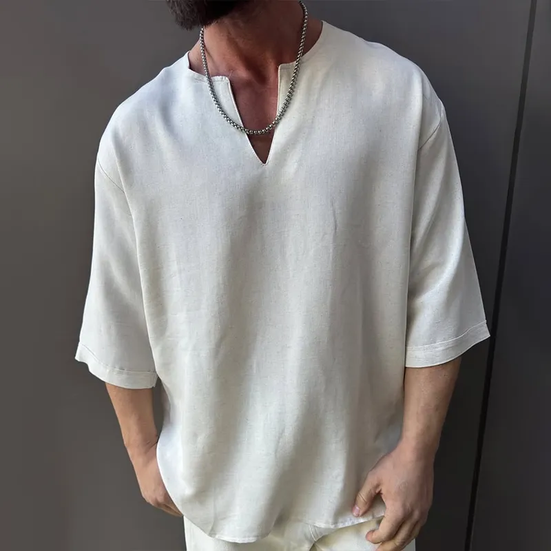 Men's Solid Cotton And Linen V Neck Short Sleeve Shirt MTA3175C1Z sold by Manly product image thumbnail 2