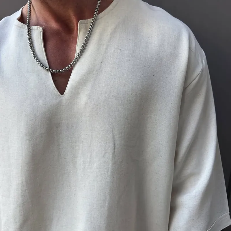 Men's Solid Cotton And Linen V Neck Short Sleeve Shirt MTA3175C1Z sold by Manly product image thumbnail 3