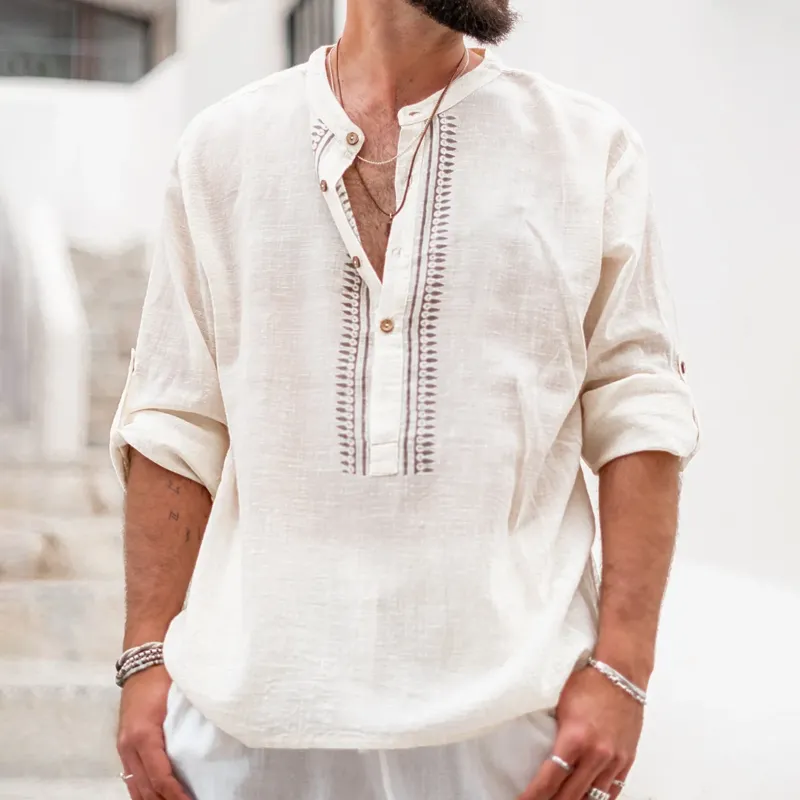 Men's Printed Cotton And Linen Henley Collar Long Sleeve Shirt MTA3131C2Z sold by Manly product image thumbnail 4