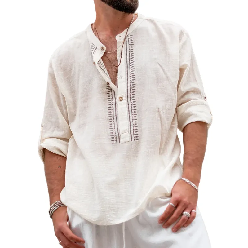 Men's Printed Cotton And Linen Henley Collar Long Sleeve Shirt MTA3131C2Z sold by Manly